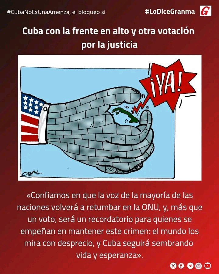 Colina_CTCuba's tweet photo. 🇨🇺"Lo esencial es que una superpotencia militar, nuclear, económica, tecnológica; comete un acto atroz y continuado de abuso contra una pequeña nación pacífica, amante de la paz"p
Bruno Rodríguez Parrilla
21 oct 2026
#CubaNoEsUnaAmenaza el bloqueo sí 
#CubaPorLaVida 
#Cuba https://t.co/MGoAV6A3f6