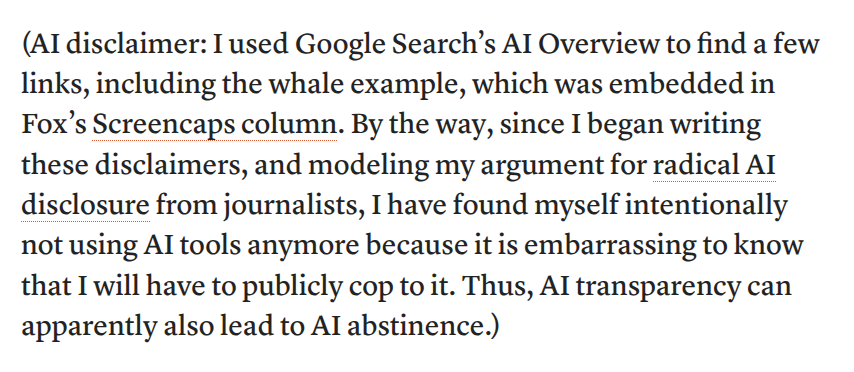 runasand's tweet photo. Have to admit I enjoyed this "AI disclaimer" in Anika Collier Navaroli's @CJR article on how journalists could and should write about AI. https://t.co/my3zaKeyUj https://t.co/jAuBj5HEkC