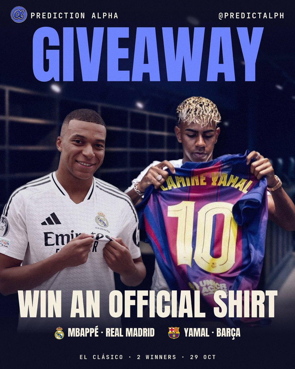 predictalph's tweet photo. 🚨 EL CLÁSICO GIVEAWAY! ⚽
📍 We're going LIVE from Camp Nou on Oct 25!

🎁 WIN an official Mbappé or Lamine Yamal jersey!

To enter:
1️⃣ Follow @predictalph
2️⃣ Like, RT + tag a friend
3️⃣ Predict the exact score in comments 

🏆 2 winners on Oct 29
📦 Worldwide shipping https://t.co/EEWu5MhnKy
