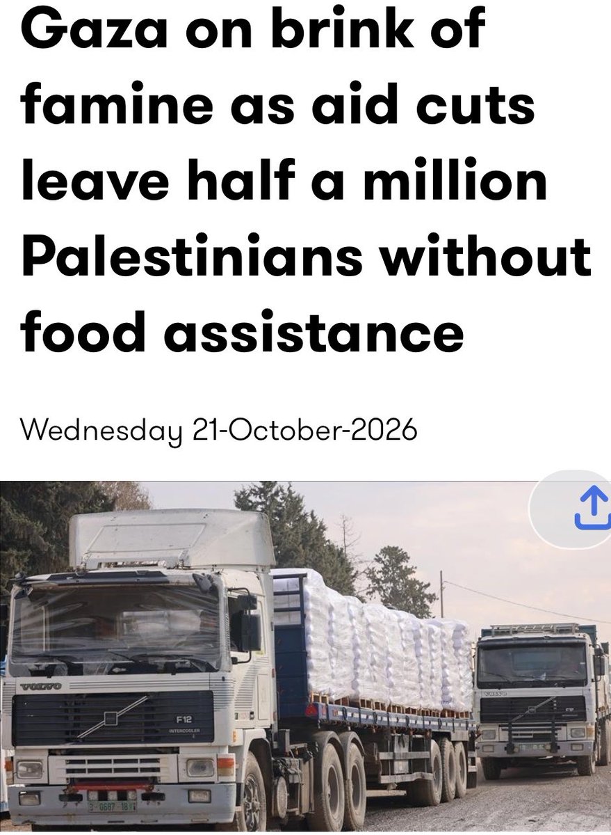 falastineisme's tweet photo. 🔴Gaza aid UPDATE, Oct 2026…
-Gaza's Ministry of Social Development says supplies entering the Strip cover no more than 30% of minimum humanitarian needs. During the recent crossing closures, that figure dropped to under 3%
-Israel suspended coordination for commercial goods into Gaza in mid October, citing a dispute over Hamas fees on traders.
Humanitarian aid from Egypt via Kerem Shalom continued, though at reduced levels . COGAT announced resumption of gradual coordination on Oct 19
-The UN World Food Programme cut rations by half starting this month due to funding shortfalls, reducing monthly beneficiaries from 1.6 million to 1.1 million. Hot meals dropped from 250,000 to 150,000 per day
-Approximately 1.4 million people (67% of Gaza's population) are in IPC Phase 3 or above (acute food insecurity). About 200,000 remain in Phase 4 (Emergency)
-Egypt's Red Crescent continues sending convoys with food, flour, tents, blankets, and fuel through Kerem Shalom
The situation is severe.
#Gaza #HumanitarianCrisis