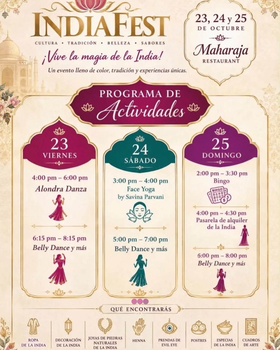 PuntoBohemio's tweet photo. ¡Feliz día Panamá!
Llega el "India Fest" con tres días llenos de música, artesanía, danza, moda y gastronomía.

Viernes 23 al domingo 25 en el Restaurante Maharaja, Vía españa, de 12MD a 7PM. Entrada gratuita.

#ArteCultura #Panamá #India https://t.co/AddbZ933NB