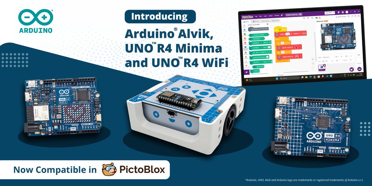 arduino's tweet photo. PictoBlox expands Arduino support!

@theSTEMpedia and Arduino bring block-based coding to the Arduino UNO R4 WiFi and UNO R4 Minima boards as well as Arduino Alvik.

Join us at #MFR2026 to explore the new integration and try PictoBlox for yourself! https://t.co/B1RB7Zq0dL https://t.co/ScQEGbeY93