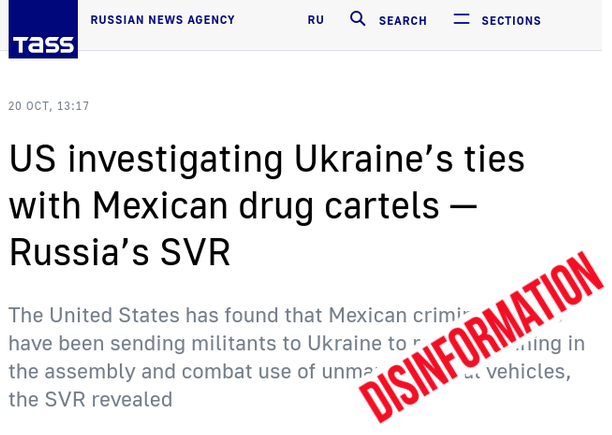 EUvsDisinfo's tweet photo. Kremlin-affiliated outlets continue to circulate claims that US investigators have uncovered links between Ukraine’s Armed Forces and Mexican drug cartels.

In reality, no US agency has made such claims or published any such findings. The false allegation originates with Russia’s Foreign Intelligence Service.