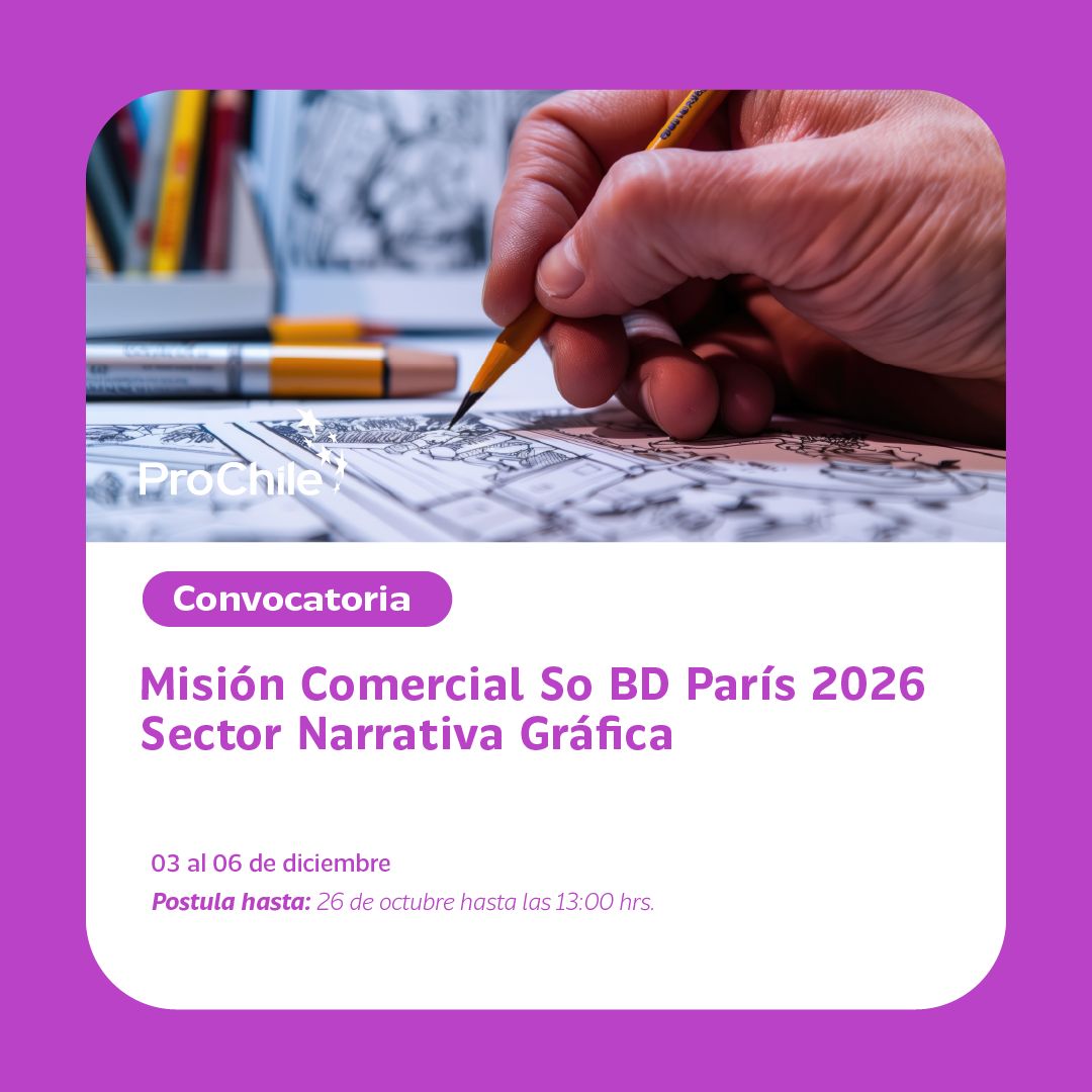 ProChile's tweet photo. 🎨📚 ¡La narrativa gráfica chilena busca nuevas historias que contar en el mundo!

¿Tu editorial trabaja con cómics, ilustración o narrativa gráfica? 🌎

ProChile te invita a ser parte de una #MisiónComercial en París 2026, una oportunidad para llevar el talento creativo chileno a nuevos escenarios, conectar con actores de la industria internacional y abrir puertas a futuros negocios.

🚀 Si tienes una propuesta con potencial internacional, esta puede ser tu próxima gran aventura.

Revisa la convocatoria, conoce los requisitos y descubre cómo participar: Conoce aquí los detalles 👉 https://t.co/v6Hlzy5tJk