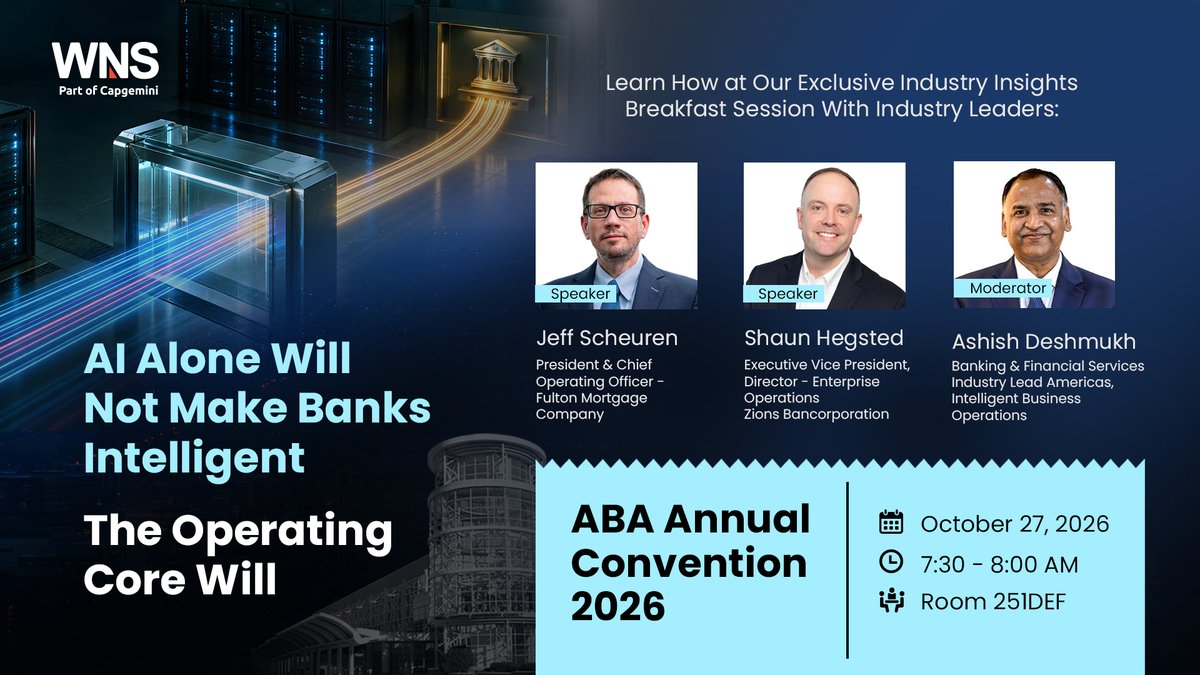 wnsholdings's tweet photo. #AI alone won’t make banks #intelligent. The operating core will. Join Ashish Deshmukh at the ABA Annual Convention 2026 to explore how banks can turn AI into business impact.
Reserve your seat: https://t.co/bkt2gSjnPl
Read more: https://t.co/mBG4gJPo3O https://t.co/aLQ914nbd9
