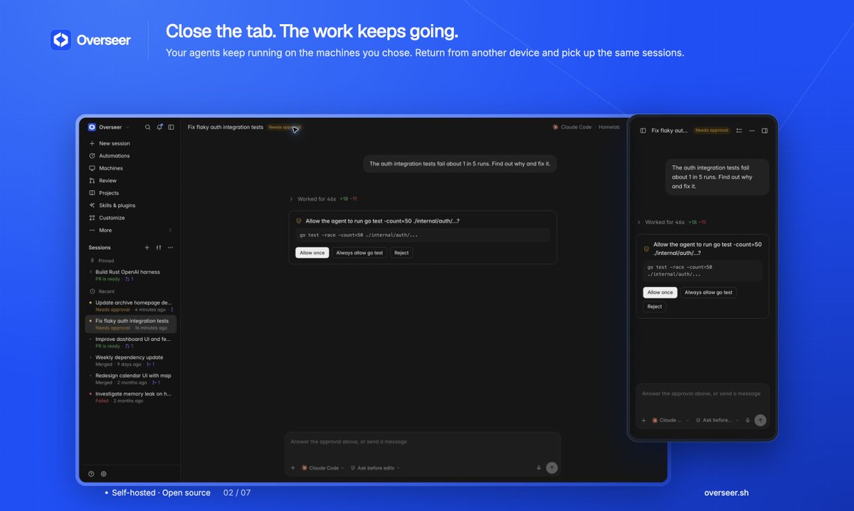 erzenkk's tweet photo. I kept opening terminals just to check which coding agent was waiting for me.

So I built Overseer: Claude Code, Codex and Gemini CLI across my computers, in one browser. I can approve work from my phone too.

Free, MIT licensed. Built for my own setup, sharing it today. https://t.co/8U3WK2jGWP