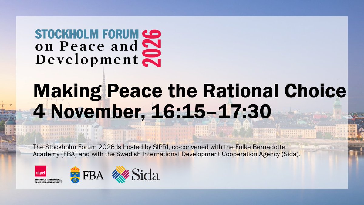 SIPRIorg's tweet photo. How can we break free from a system in which conflict appears rational and peace unrealistic? The #SthlmForum's closing plenary will explore this question. Stream the session on 4 November at the link below.

📅 4 November, 16.15–17.30 CET
🔴 Watch live: https://t.co/eJH6J9ObX8

The 2026 Stockholm Forum is hosted by SIPRI, co-convened with @FBAFolke and with the Swedish International Development Cooperation Agency @Sida.
