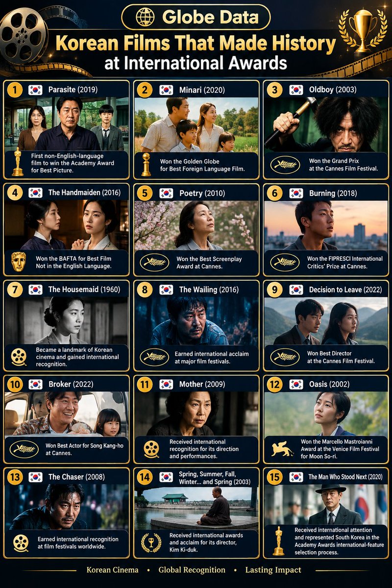 data_globe's tweet photo. 🏆 Korean Films That Made History at International Awards 🇰🇷

① 🇰🇷 Parasite (2019) — First non-English-language film to win the Academy Award for Best Picture.
② 🇰🇷 Minari (2020) — Won the Golden Globe for Best Foreign Language Film.
③ 🇰🇷 Oldboy (2003) — Won the Grand Prix at the Cannes Film Festival.
④ 🇰🇷 The Handmaiden (2016) — Won the BAFTA for Best Film Not in the English Language.
⑤ 🇰🇷 Poetry (2010) — Won the Best Screenplay Award at Cannes.
⑥ 🇰🇷 Burning (2018) — Won the FIPRESCI International Critics' Prize at Cannes.
⑦ 🇰🇷 The Housemaid (1960) — Became a landmark of Korean cinema and gained international recognition.
⑧ 🇰🇷 The Wailing (2016) — Earned international acclaim at major film festivals.
⑨ 🇰🇷 Decision to Leave (2022) — Won Best Director at the Cannes Film Festival.
⑩ 🇰🇷 Broker (2022) — Won Best Actor for Song Kang-ho at Cannes.
⑪ 🇰🇷 Mother (2009) — Received international recognition for its direction and performances.
⑫ 🇰🇷 Oasis (2002) — Won the Marcello Mastroianni Award at the Venice Film Festival for Moon So-ri.
⑬ 🇰🇷 The Chaser (2008) — Earned international recognition at film festivals worldwide.
⑭ 🇰🇷 Spring, Summer, Fall, Winter... and Spring (2003) — Received international awards and acclaim for its director, Kim Ki-duk.
⑮ 🇰🇷 The Man Who Stood Next (2020) — Received international attention and represented South Korea in the Academy Awards international-feature selection process.