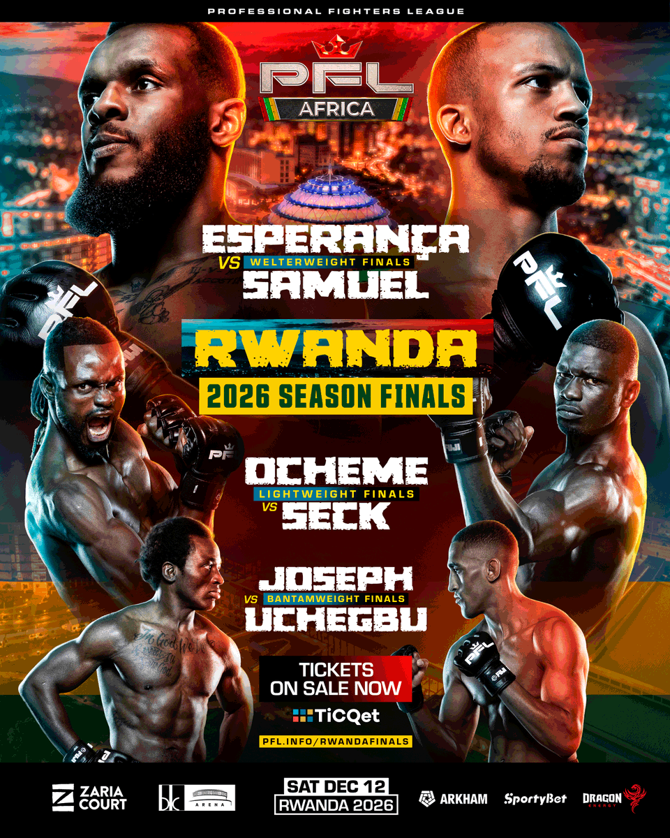 PFLAfrica's tweet photo. PFL AFRICA IS BACK IN KIGALI! 🇷🇼🔥

Dec 12 | BK Arena | 2026 Season Finals

🥊 WELTERWEIGHT: 🇦🇴 Shido Esperança vs 🇳🇬 David Samuel
🥊 LIGHTWEIGHT: 🇳🇬 Patrick Ocheme vs 🇸🇳 Demba Seck
🥊 BANTAMWEIGHT: 🇱🇷 Dwight Joseph vs 🇳🇬 Raphael Uchegbu

💰 $100K per division
🔥 Kigali Fight Week + 12 days of activations at Zaria Court!

🎟️Secure your seats now on TiCQet: https://t.co/oXiHGhKLe2

#PFLRwanda| Saturday, December 12 | BK Arena | Kigali, Rwanda
🎟️https://t.co/oXiHGhKLe2