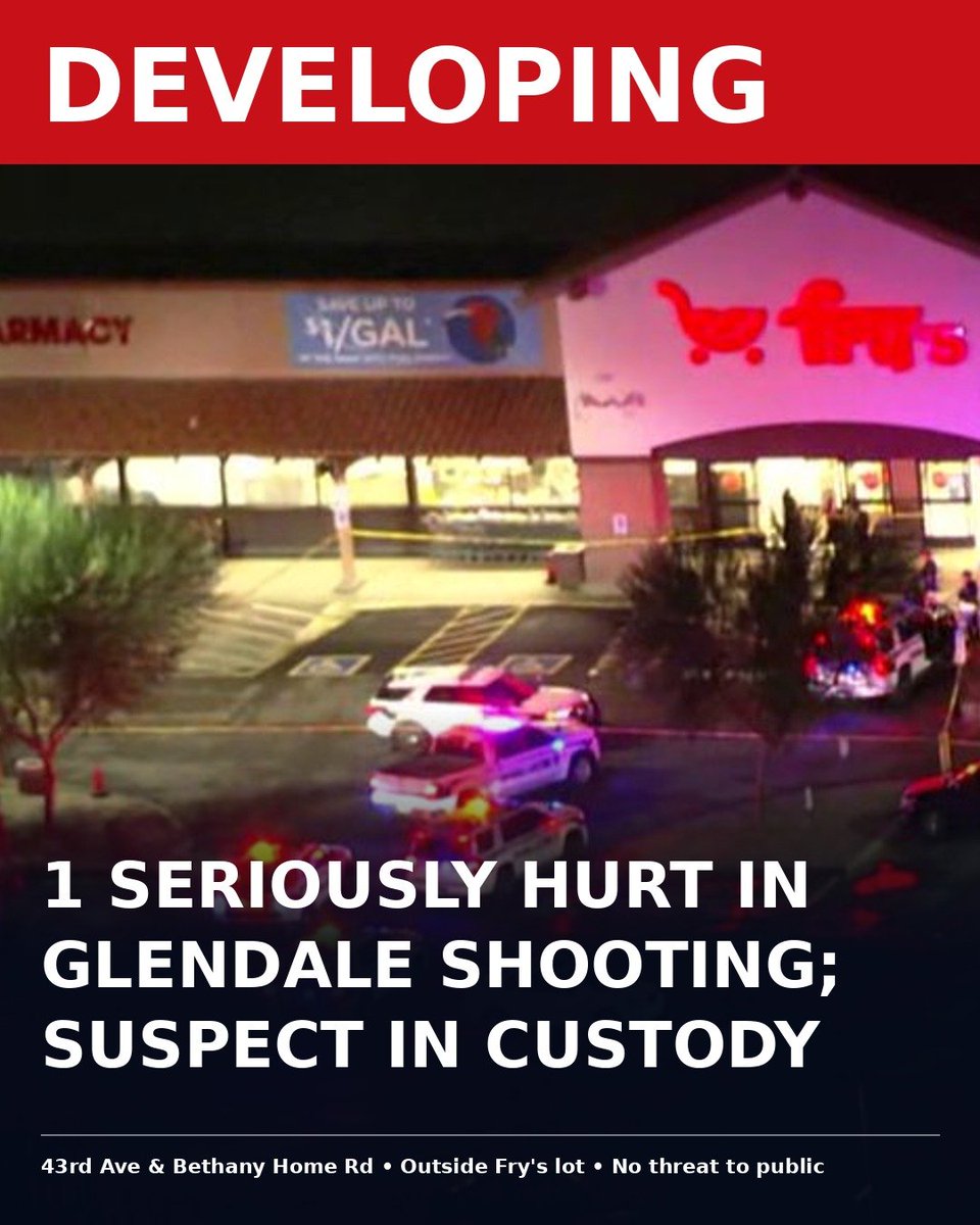 RandomstuffA2Z's tweet photo. 🚨 One person is seriously hurt after a shooting at a business near 43rd Ave &amp; Bethany Home Rd in Glendale, with a big police response outside the Fry's. Suspect is in custody, and police say there's no threat to the public 🙏 (via FOX 10 Phoenix) #GlendaleAZ https://t.co/2JEFz2W3ye