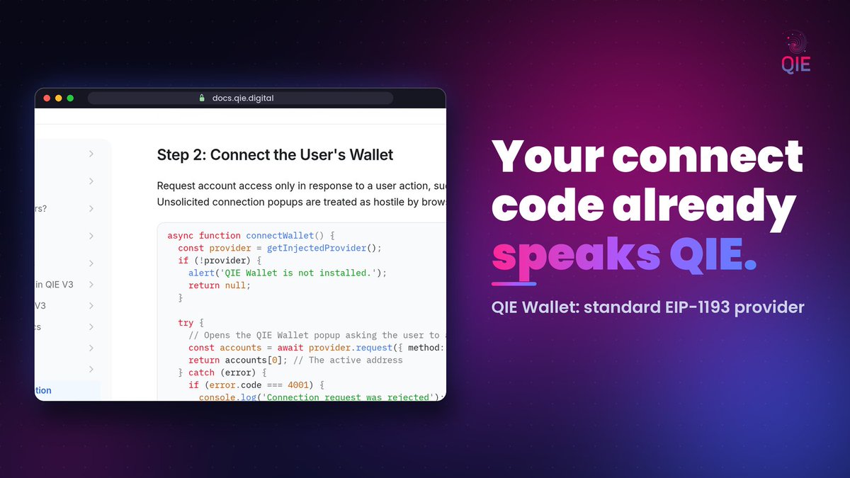 qieblockchain's tweet photo. Your dApp already supports MetaMask? Supporting QIE Wallet is most of the way done.
QIE Wallet injects a standard EIP-1193 provider, so the usual eth_requestAccounts flow works, plus window.qie to target it directly.
Read the guide π
#Web3Dev #Ethereum #dApp https://t.co/lsRzjglhv2