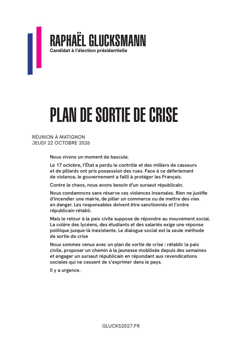 rglucks1's tweet photo. Notre plan de sortie de crise.

Avec B. Vallaud, P. Kanner, O. Faure et A. Lalucq nous présentons aujourd’hui au Premier ministre 4 axes simples : répondre aux revendications de la jeunesse, augmenter le pouvoir d’achat, garantir l’ordre républicain et l’expression démocratique, réparer.

Il y a urgence.