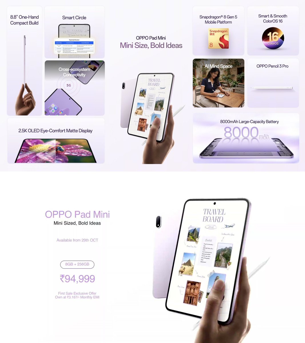 yabhishekhd's tweet photo. Here is what OPPO launched today in India with full specifications and price 👇 and the pricing is STEEP 💸😳 Looks like OPPO is taking full advantage in the name of memory shortage 🤯

📈 Find X10 Pro Max is ₹30,000 costlier than the Find X9 Ultra
📈 Find X10 jumps from ₹84,999 to ₹1,39,999, a ₹55,000 hike
📈 Enco X4 is priced on the higher side too

📸 OPPO Find X10 Pro Max: 💰 ₹1,99,999 (12GB + 512GB)
📱 6.78" AMOLED, 2772x1272, 1 to 120Hz (144Hz in games), 2000 nits HBM
⚙️ MediaTek Dimensity 9600 Pro, LPDDR5X, UFS 4.1
📷 200MP main (f/1.5, OIS) + 200MP ultra wide + 200MP telephoto (OIS) + 3.2MP multi spectral
🤳 50MP front
🎬 8K 30fps, 4K 120fps Dolby Vision
🔋 8000mAh, 80W wired, 50W wireless
📡 Wi-Fi 7, Bluetooth 6.2, USB Type-C 3.2 Gen 1, NFC, eSIM, IR blaster
🔐 Ultrasonic in-display fingerprint
📏 8.4mm, 233g, ColorOS 17

📱 OPPO Find X10: 💰 ₹1,39,999 (12GB + 256GB), ₹1,69,999 (12GB + 512GB)
📱 6.59" AMOLED, 2768x1272, 1 to 120Hz (144Hz in games), 2000 nits HBM
⚙️ MediaTek Dimensity 9600M, LPDDR5X, UFS 4.1
📷 200MP main (OIS) + 200MP telephoto (OIS) + 50MP ultra wide + 3.2MP multi spectral
🤳 50MP front
🔋 8000mAh, 80W wired, 50W wireless
📡 Wi-Fi 7, Bluetooth 6.2, USB Type-C 3.2 Gen 1, NFC, IR blaster
🔐 Ultrasonic in-display fingerprint
📏 8.4mm, 216g, ColorOS 17

💻 OPPO Pad Mini: 💰 ₹94,999 (8GB + 256GB)
🖥️ 8.8" 2.5K OLED matte, 144Hz, 1600 nits HBM
⚙️ Snapdragon 8 Gen 5, LPDDR5X, UFS 4.1
📷 13MP rear, 8MP front
🔋 8000mAh, 67W charging
📡 Wi-Fi 7, Bluetooth 6.0, USB Type-C 3.2 Gen 1, 5G
✏️ OPPO Pencil 3 Pro support
📏 5.5mm, 279g, ColorOS 16

🎧 OPPO Enco X4: 💰 ₹19,999
🔊 11mm woofer + 6mm tweeter, Dynaudio tuned
🎵 LHDC 5.0, AAC, SBC, LC3
🤫 AI adaptive ANC, AI Live Translation
📡 Bluetooth 6.1, dual connection
⏱️ 6h with ANC, 26h with case
💧 IP55

🔋 OPPO 10,000mAh Power Bank: 💰 ₹2,199
⚡ 22.5W fast charging, built-in cable

📷 Hasselblad Teleconverter Kit: ₹24,999

Worth it at these prices? 🤔