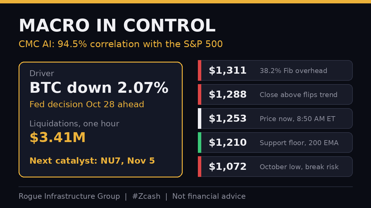 RogueInfra's tweet photo. Is Wall Street steering $ZEC? CMC AI sees a 94.5% correlation with the S&amp;P 500, and Bitcoin is down about 2% before the Oct 28 Fed call. About $3.4M in liquidations added to it. Desk watches $1,210 to $1,235. Lose that zone and $1,072 is in view. #Zcash Not financial advice. https://t.co/FmQoTrrZyU