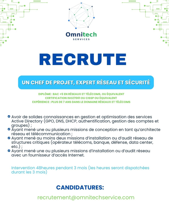 sudo_su_'s tweet photo. Recherche : Chef de projet Réseaux &amp; Sécurité
Bac+5 en Réseaux &amp; Télécoms
Certifications obligatoire : CCIE et ISO 27001/CISSP ou équivalent
7 ans d’expérience minimum
Expertise Active Directory, architecture réseau, audits et installations d’infrastructures critiques et FAI. https://t.co/2ByfIgoYn9