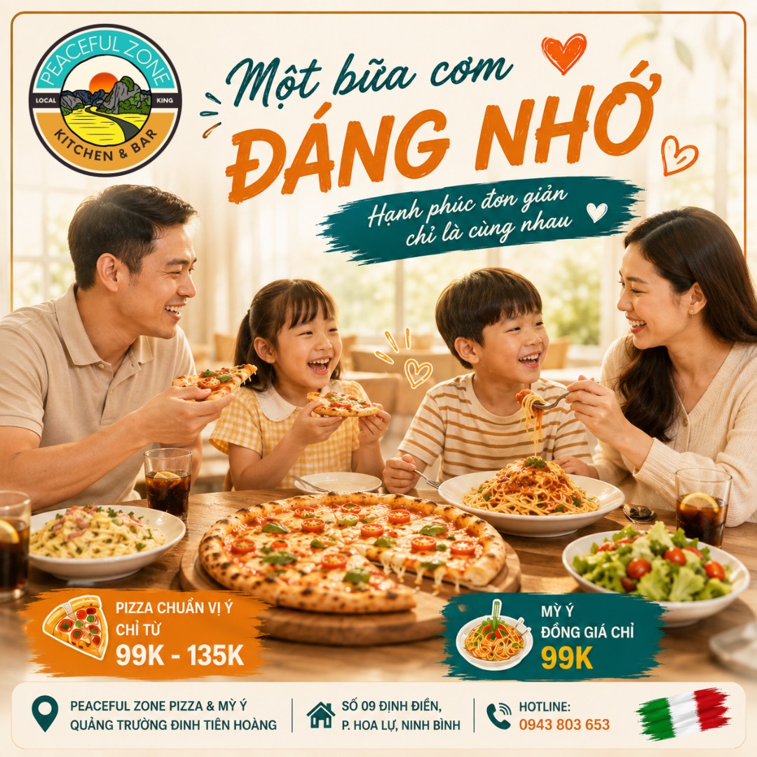 AuguspYBradf1ca's tweet photo. Một bữa ăn đáng nhớ không nằm ở món gì, mà ở người ngồi cạnh bạn. Pizza nóng, mỳ Ý thơm và tiếng cười gia đình sau ngày bận rộn. Peaceful Zone mong được góp phần tạo nên những khoảnh khắc ấy. https://t.co/lNuvpE6wNv