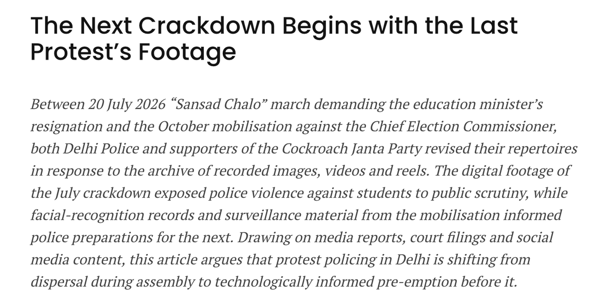 RohanV's tweet photo. "What is distinctive in 2026 is the combination of the two, where surveillance records generated at one protest were used to direct pre-emptive action before the next... to restrict and detain those who could arrive, miles away from Delhi." 

https://t.co/AwXXz4mLZs https://t.co/fFFuH1jBz7