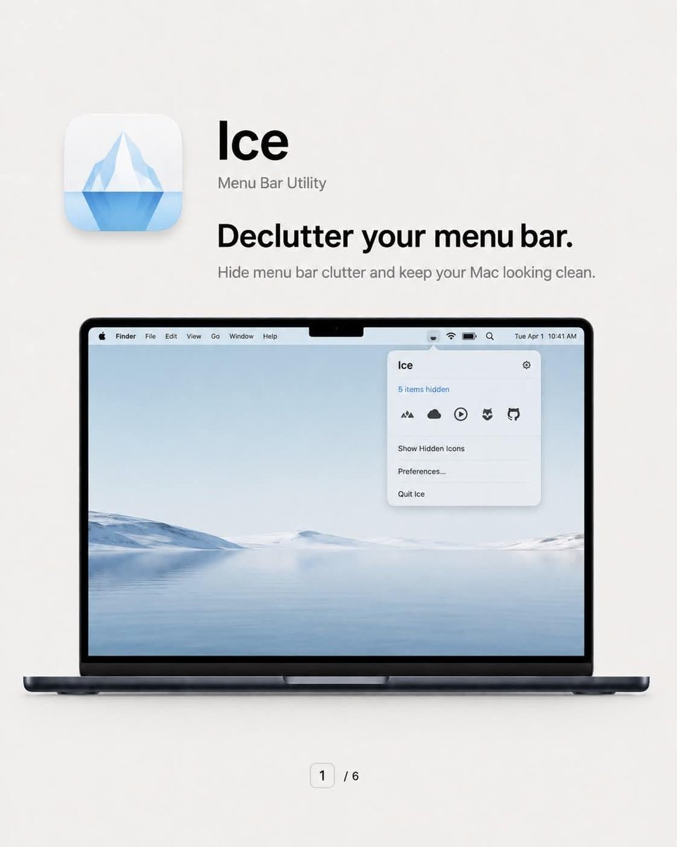 hpx1107's tweet photo. Top 5 Mac apps that make mac0S feel cleaner: 

1. lce - clean menu bar 
2. Shottr - better screenshots 
3. OnlySwitch - quick toggles 
4. Velja - smarter link opening 

Big quality-of-life upgrade. What's your "Apple should ship this" Mac app? https://t.co/wXMe90RjUI