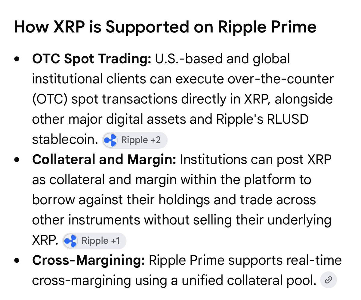 ChadSteingraber's tweet photo. —DAY 97—

Ripple Prime has the ability to use XRP in three ways - OTC Spot Trading, Collateral and Margin, and Cross Margining.

- OTC direct spot
- XRP as collateral 
- Use whole account balance as collateral https://t.co/jKL4SevNt3