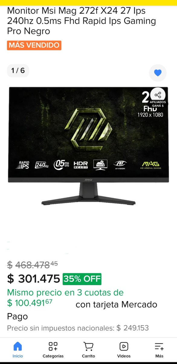 CazaOfertaarg's tweet photo. Monitor MSI MAG 272F X24 27" Rapid IPS 
🔗https://t.co/CqSH3LAVrb

⚡ 240 Hz | ⏱️ 0.5 ms | 🖥️ Full HD (1920x1080)
💥 OFERTA: En $301.475 (35% OFF) o 3 cuotas sin interés de $100.491,67 con tarjeta Mercado Pago.
🎁 ¡Descuento extra! Usa el cupón MELIBONUS y obtén $25.000 de descuento adicional al comprar.
#Gaming #MSI #MercadoLibre #Oferta