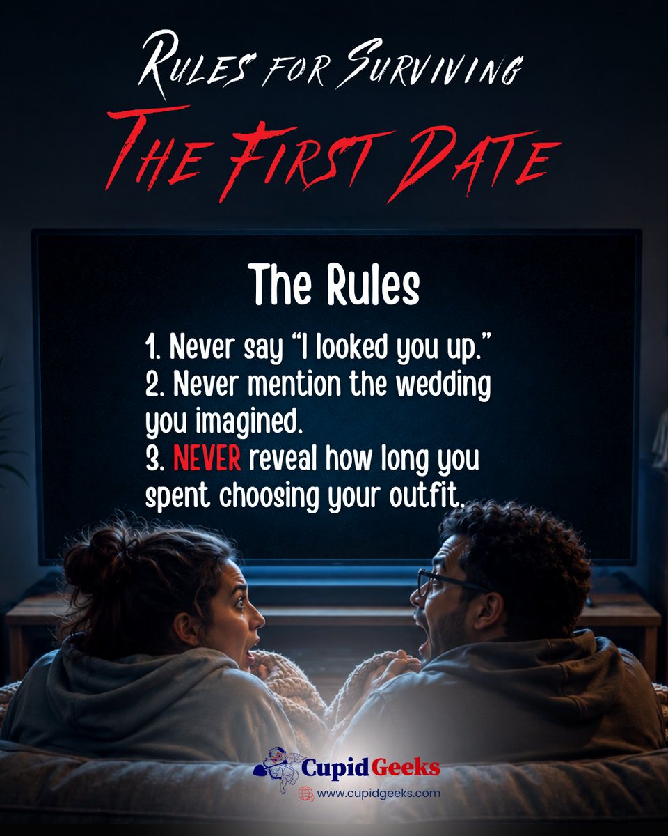 CupidGeeks's tweet photo. Some information can wait until date two. 😂
First dates already come with enough nerves. You don’t have to perform perfectly, just give each other a chance to connect.
💘 Ready to find your perfect match? Take our survey at https://t.co/jLy3935JVK
#CupidGeeks #FirstDate https://t.co/k79ctJxUbM
