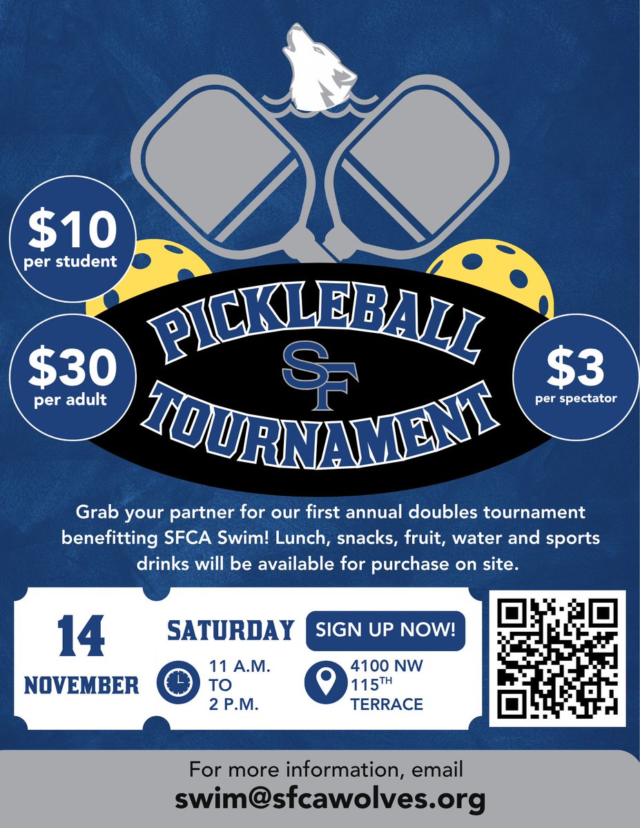 sfcawolves's tweet photo. Our SFCA Swim Team is hosting a Pickleball Tournament fundraiser on Saturday, November 14th in the gym. Come out for a fun day filled with pickleball for a good cause! Register here: https://t.co/I5UvDg21tX #SFCA #GoWolves https://t.co/1h6NTPWYeT
