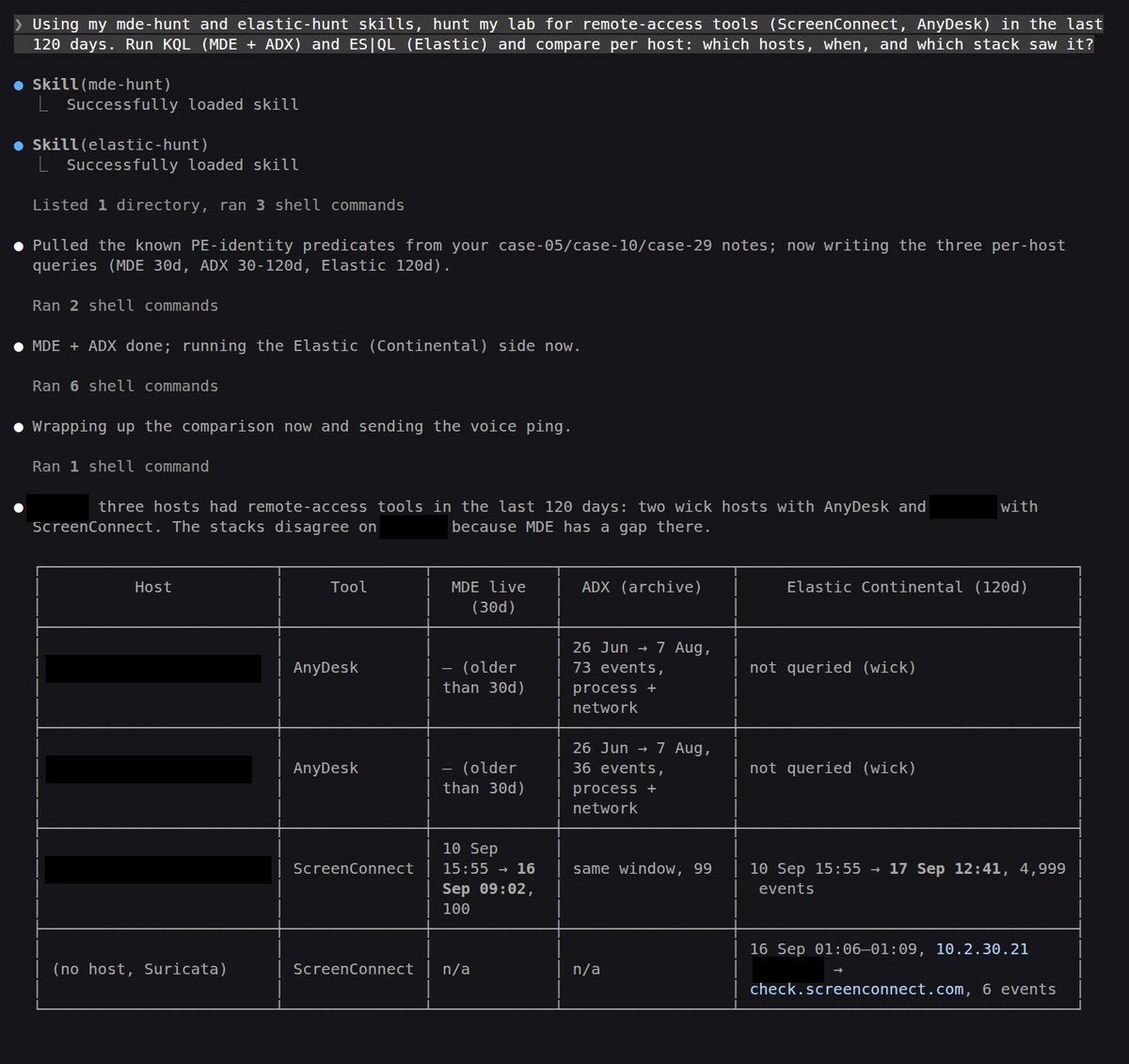 Securityinbits's tweet photo. My lab runs MDE and Elastic side by side, so I gave Claude Code a skill for each:
- mde-hunt: KQL on MDE + my ADX archive
- elastic-hunt: ES|QL on Elastic

One question, both stacks searched, one table back.

Most SOCs run one of these. Whichever is yours, want the skill? I can share it on GitHub.