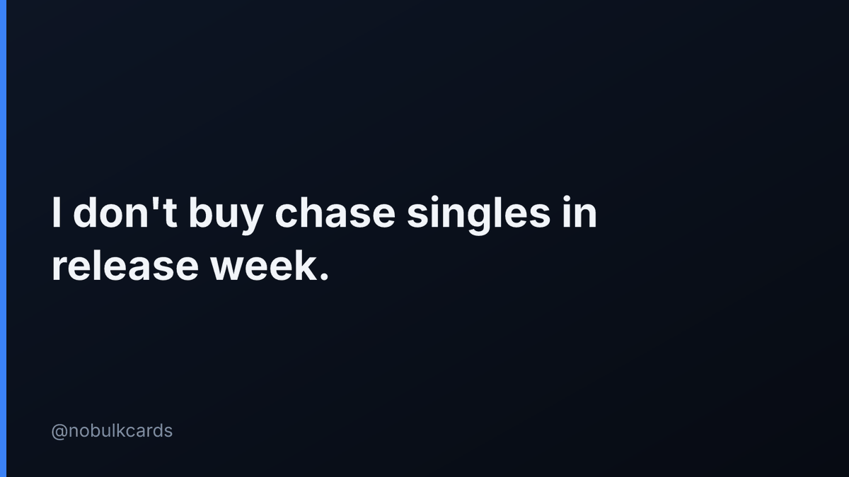 nobulkcards's tweet photo. I don't buy chase singles in release week.

Every box opened adds copies, and a new main set lands about every three months, so attention moves on. I wait for prices to settle.

Worst launch-week buy you made? #PokemonTCG #PokemonCards https://t.co/bpa7VHjkEA