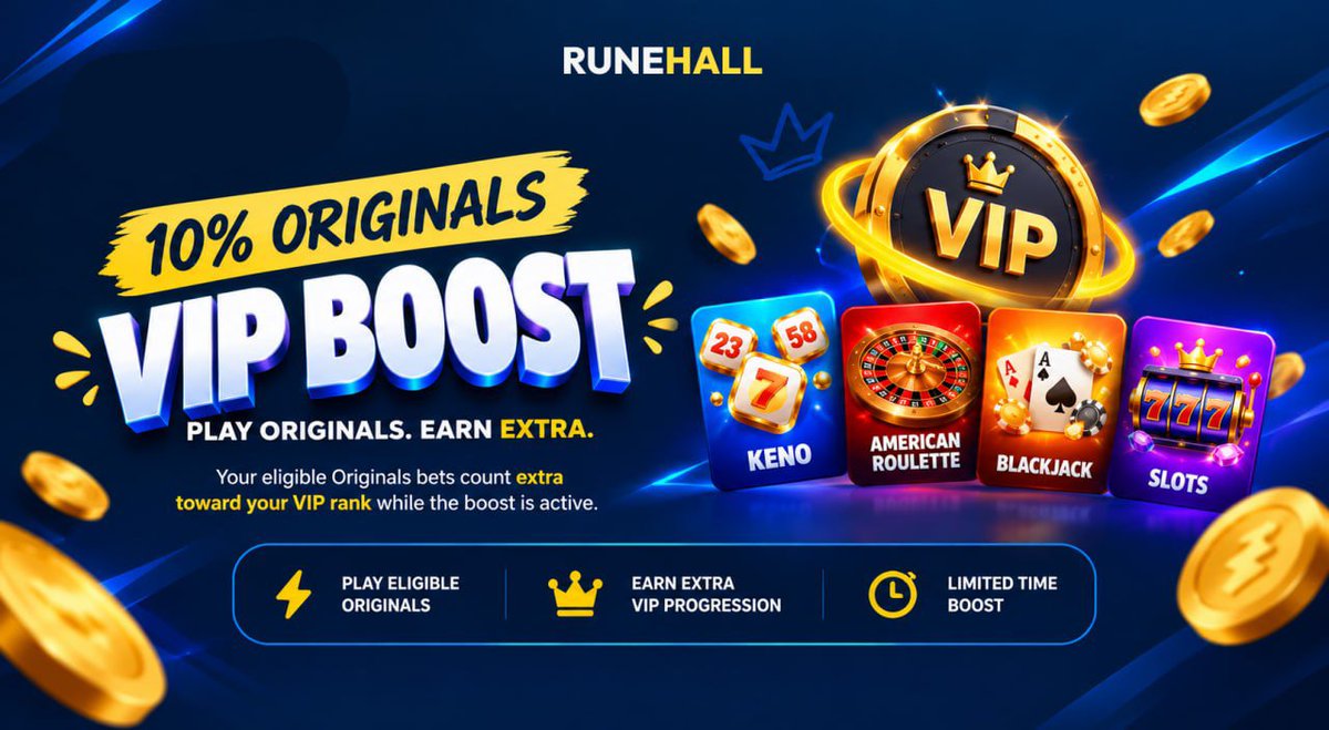RuneHall's tweet photo. Want to rank up faster? 

The 10% Originals VIP Boost is LIVE! 🔥

Your eligible Originals bets count extra toward your VIP rank while the boost is active.

Time to put that VIP grind to work.
https://t.co/JvPQ893LfB https://t.co/e0JJk9pZ9X