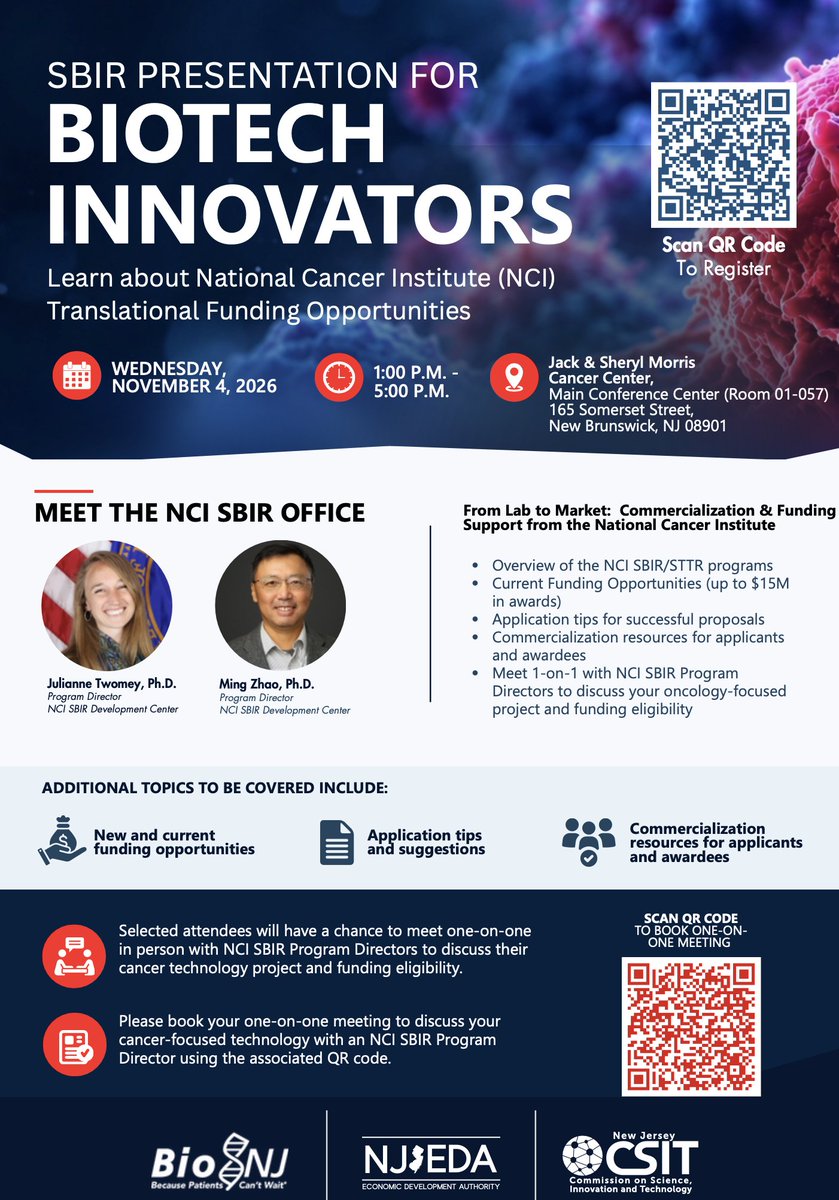 BioNJ_Org's tweet photo. Have a cancer-focused technology ready for its next step? Discover opportunities to move innovations from lab to market on November 4, with insights into NCI SBIR/STTR funding, opportunities of up to $1.5 million, commercialization support and application tips.

📅 November 4, 2026 | 1:00–5:00 p.m.
📍 Jack & Sheryl Morris Cancer Center, New Brunswick, NJ

Register: https://t.co/hfRAm3B0se

#SBIR #STTR #CancerResearch #LifeSciences #Biotech #Funding #Commercialization #NCI