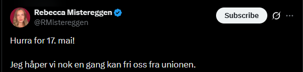 Bitcojner's tweet photo. @RMistereggen Hurra for 17. maj!   

 Jeg håber vi igen kan frigøre os fra unionen. (🇩🇰)     

Same same 😆 https://t.co/FedatXb6l0