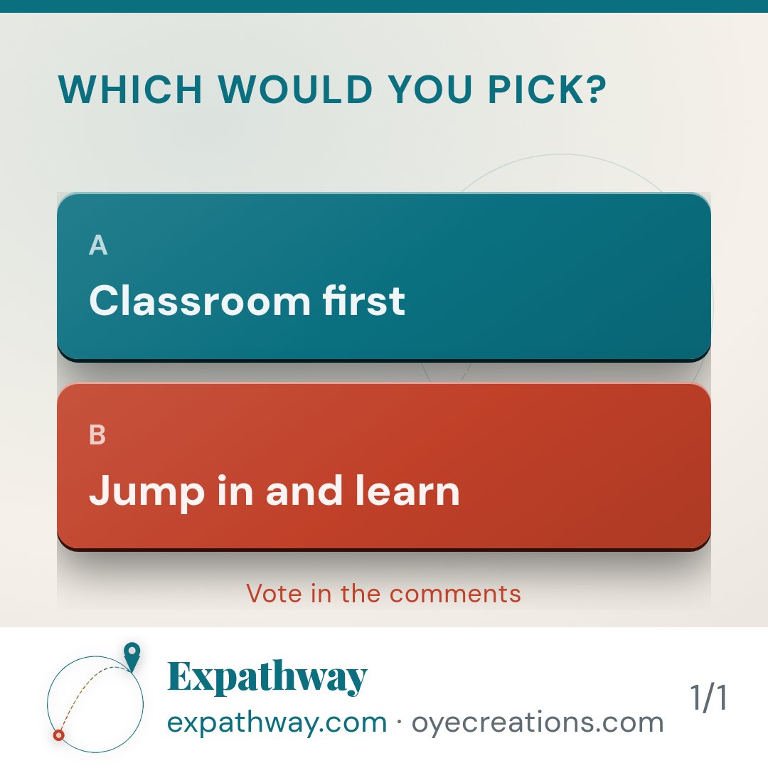 expathway's tweet photo. The expat who learns the language first spends six months in a classroom. The one who jumps in speaks broken Spanish at the market and actually lives. Which person are you?

#expatlife #movingabroad #expatcommunity #newcountry #lifeabroad https://t.co/Zoe7B44QcK