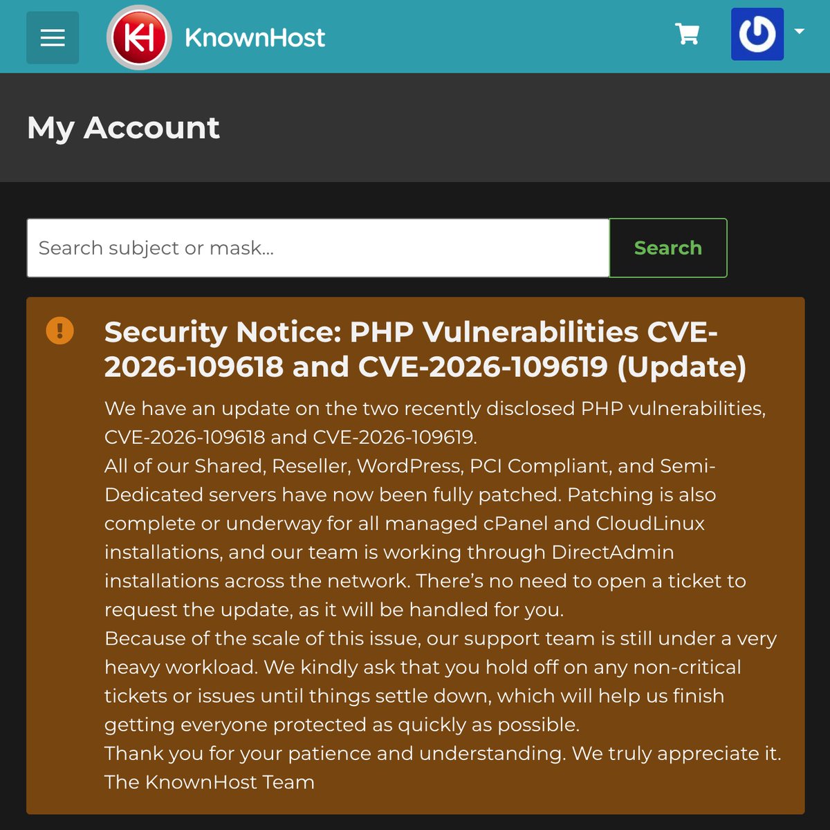 DailyTUT's tweet photo. Security updates matter, especially when it comes to web hosting.

Good to see KnownHost acting quickly on the recently disclosed PHP security vulnerabilities (CVE-2026-109618 and CVE-2026-109619).

They've already patched their shared and WordPress hosting servers, with updates rolling out across other managed environments.

This is one reason why choosing a reliable hosting provider matters. 

Appreciate the proactive approach, @KnownHost! 👏