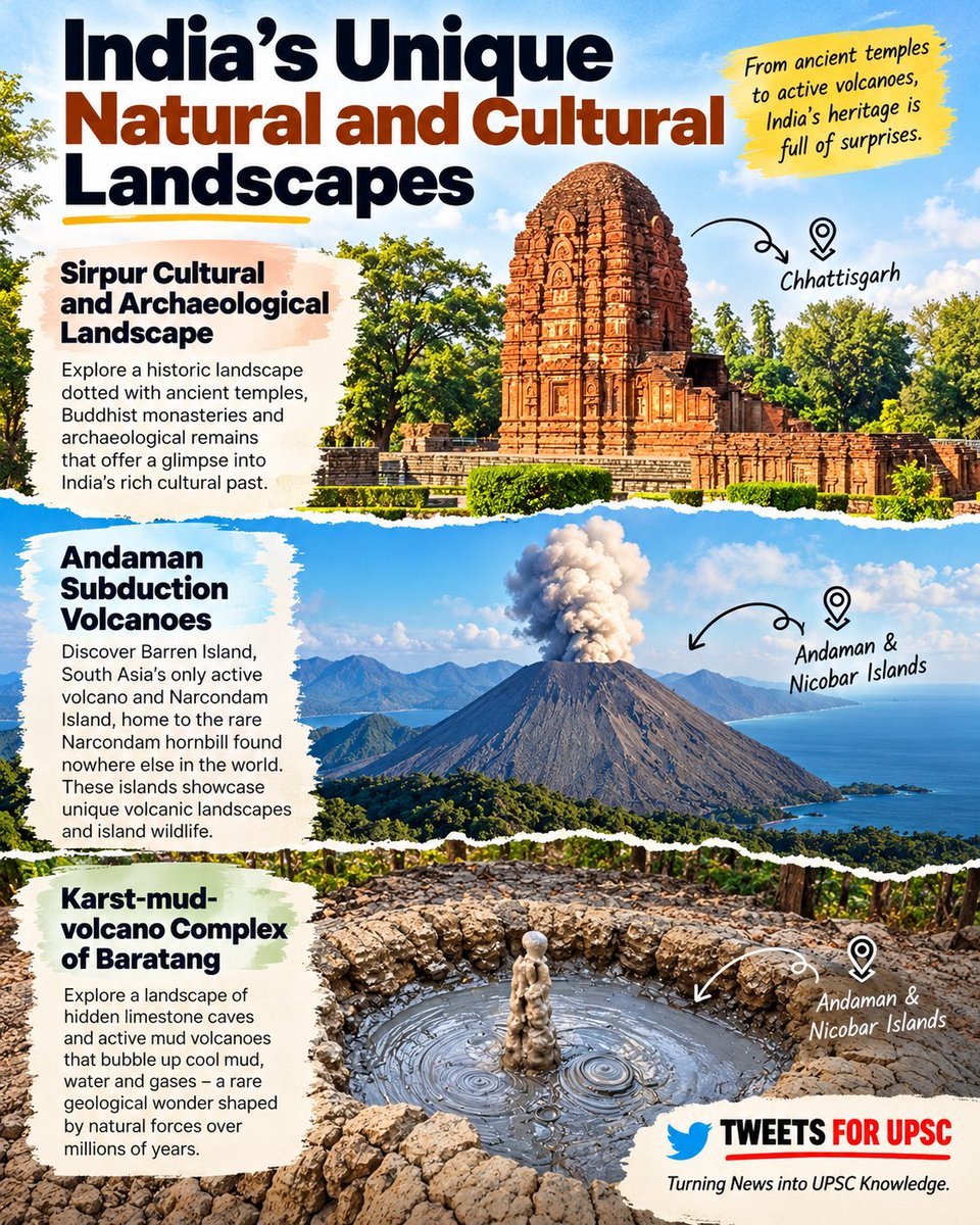 factsforupsc's tweet photo. 🔴3 new sites added to the UNESCO Tentative List of World Heritage for India

Newly Added Sites are 👇

• Sirpur Cultural and Archaeological Landscape (Chhattisgarh) — An ancient town and historical site renowned for its temples, monasteries, and rich archaeological ruins.
Sirpur, on the banks of the Mahanadi River in Chhattisgarh's Mahasamund district, was an important settlement between the 5th and 12th centuries. Its remains include Hindu temples, Buddhist monasteries and Jain structures, making it an important site for understanding the region's religious and cultural history.

• Andaman Subduction Volcanoes (Andaman and Nicobar Islands — Narcondam and Barren Islands) — Includes unique volcanic landscapes surrounded by the sea in the Andaman Sea.
Barren Island is home to India's only confirmed active volcano.
Narcondam, on the other hand, is a forested volcanic island. It is home to the Narcondam hornbill, a bird found nowhere else in the world.

• Karst-mud-volcano Complex of Baratang (Andaman and Nicobar Islands) — Features limestone caves and active mud volcanoes (locally known as "Jalki").
Unlike conventional volcanoes that release laava when they erupt, these mud volcanoes release mud, water and gases from beneath the Earth's surface.