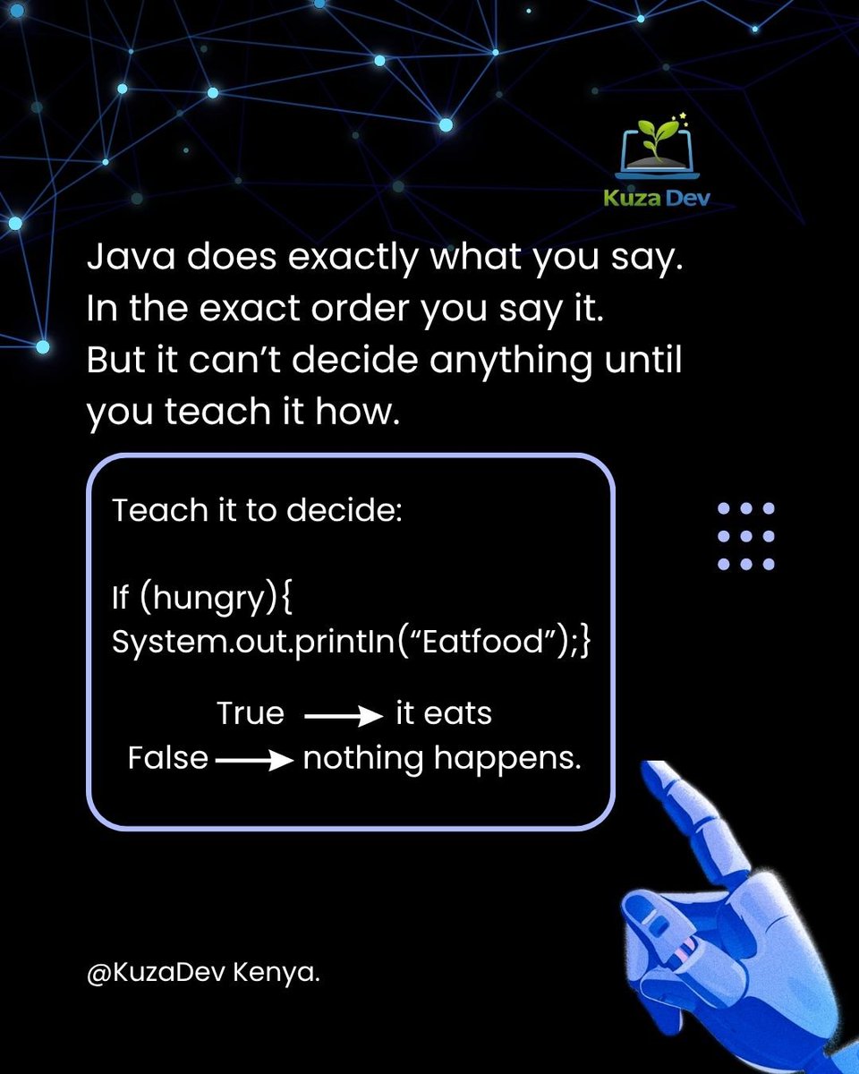 kuzadevkenya's tweet photo. Java does exactly what you tell it. In the exact order you tell it. But it can't decide anything until you teach it how. 🧠
Five ideas, and your code starts making decisions and repeating work on its own.
Save this for your next study session 📌
#learnjava #javaforbeginners https://t.co/HpJYRLVZR5