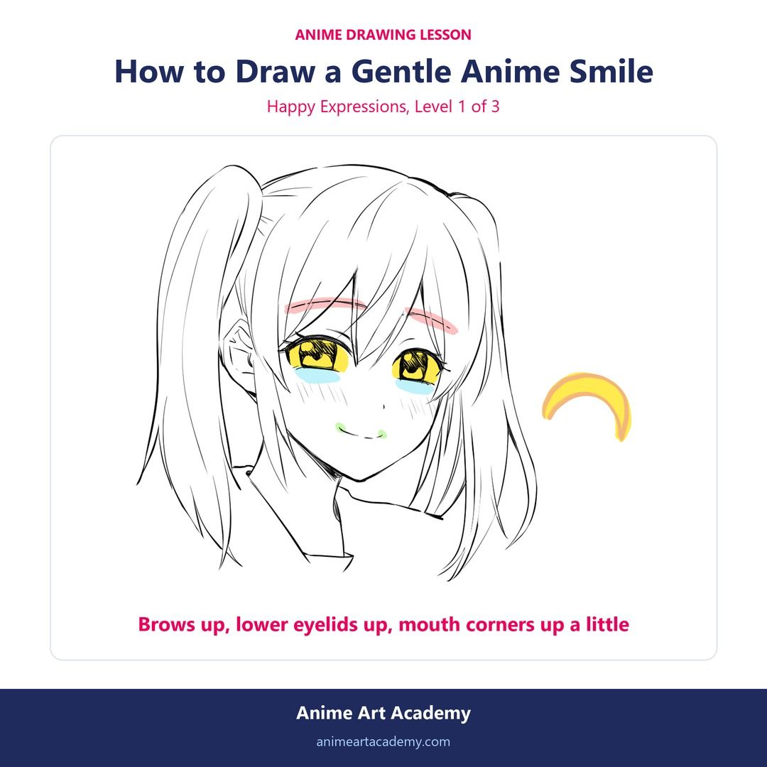 AnimeArtAcademy's tweet photo. A gentle smile is mostly in the eyes: lift the lower eyelids and keep the mouth corners just barely up.
The full explanation is in our free guide: https://t.co/ns2fVEy5Uo
#AnimeArt #DrawingTips https://t.co/bQyVIhNCC2