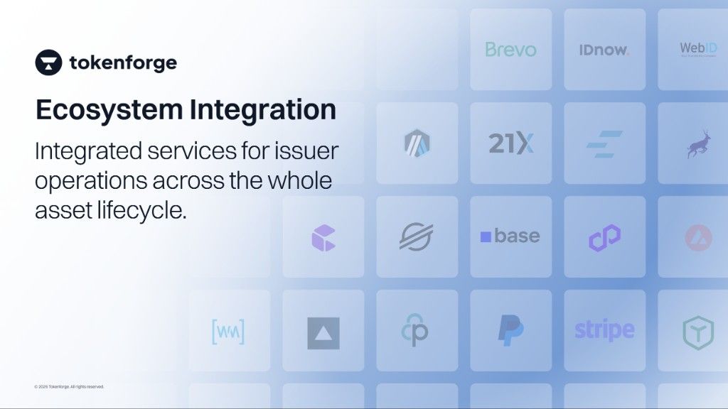 tokenforge's tweet photo. Tokenization shouldn't start with a migration project.

TokenSuite connects into the systems an issuer already runs, from payment rails to CRM, ERP and email.

One integration layer. Not a replacement. That's TokenSuite. https://t.co/QsRuCoh8rZ