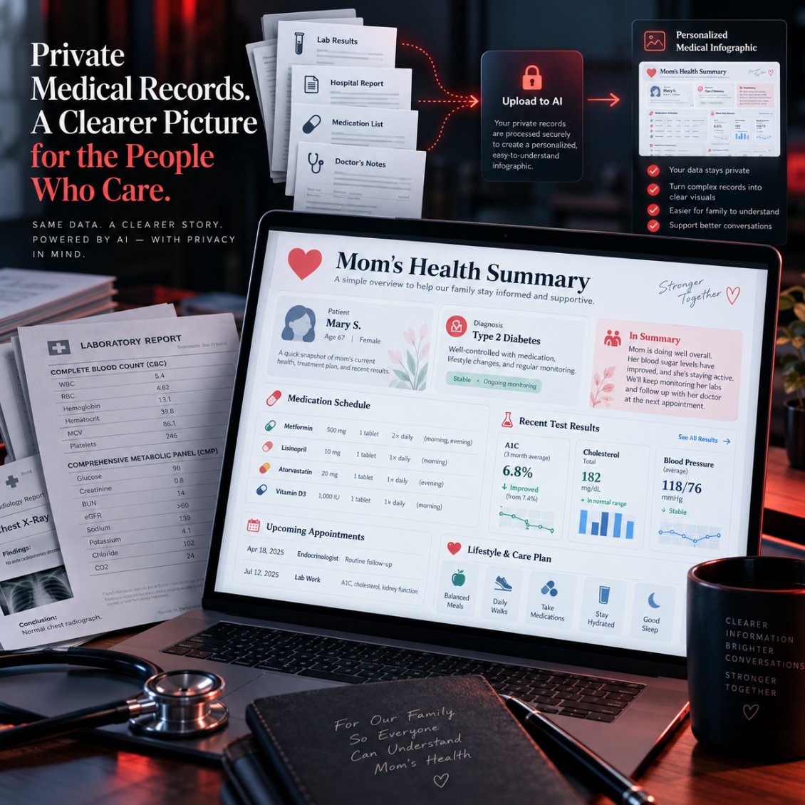 Seqlude_AI's tweet photo. Real case: Creating a personalized medical infographic

Imagine you want to generate an infographic that explains your mother's medical condition so your family can understand her treatment plan.

You upload her laboratory results and ask an AI to create a clear visual summary containing her name, diagnosis, medication schedule, and test results.