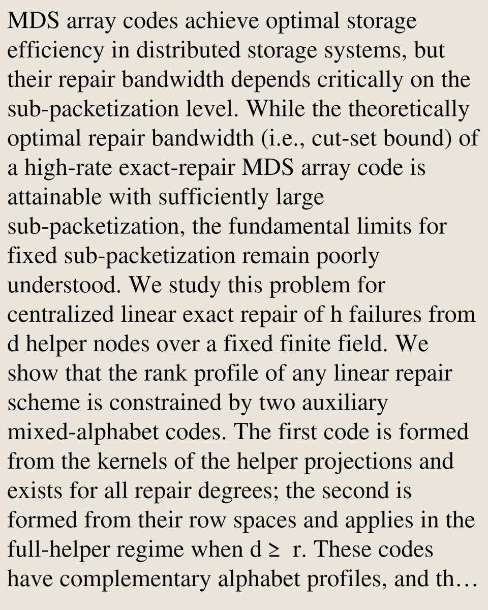 Encoding's tweet photo. From Linear Exact Repair to Mixed-Alphabet Codes: The Bandwidth-Subpacketization Tradeoff of MDS Array Codes

Zihao Zhang, Guodong Li, Sihuang Hu
https://t.co/PzaGMiFP4l [𝚌𝚜.𝙸𝚃] https://t.co/csnKesqjtJ