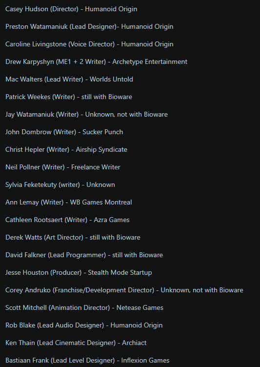 AHaloHunter's tweet photo. @cebaceps Someone contributing does not make them a major player. I am being hyperbolic of course, but the absolute heavy hitters in the company left after Mass Effect 3, some even before. This is just a quick list of the biggest names in the studio who left, but practically all are gone https://t.co/4rVCZW3m3H