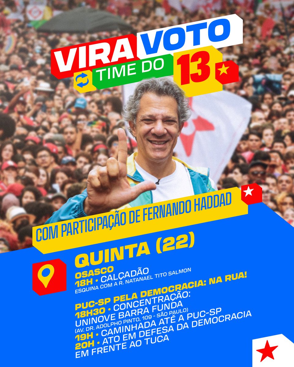 Haddad_Fernando's tweet photo. HOJE É DIA DE VIRAR VOTO, SÃO PAULO! ❤️🇧🇷

Nesta quinta (22), temos encontros marcados em Osasco e na capital paulista. Vamos ocupar as ruas, reunir a galera e mostrar nossa força nessa reta final!

Bora pra rua, pessoal! Vamos juntos! Dia 25 é 13! https://t.co/pSITMQomcP