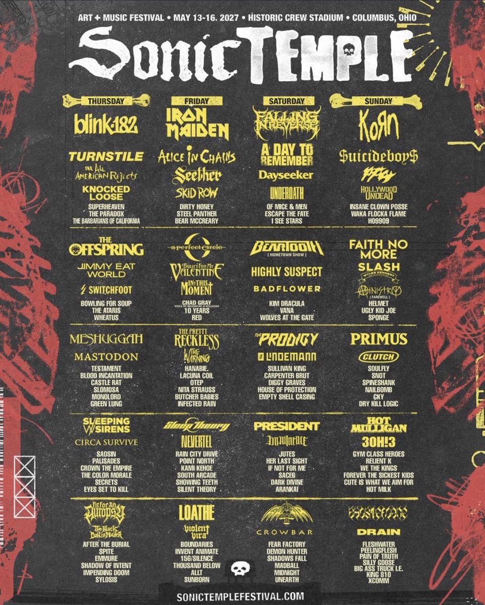SOTSPodcast's tweet photo. Sonic Temple Festival 2027 will feature headliners Blink-182, Iron Maiden, Falling In Reverse, and Korn alongside performances from Turnstile, A Day To Remember, Beartooth, Poppy, The Pretty Reckless, President, Loathe and lots more. https://t.co/Exg99uz31w