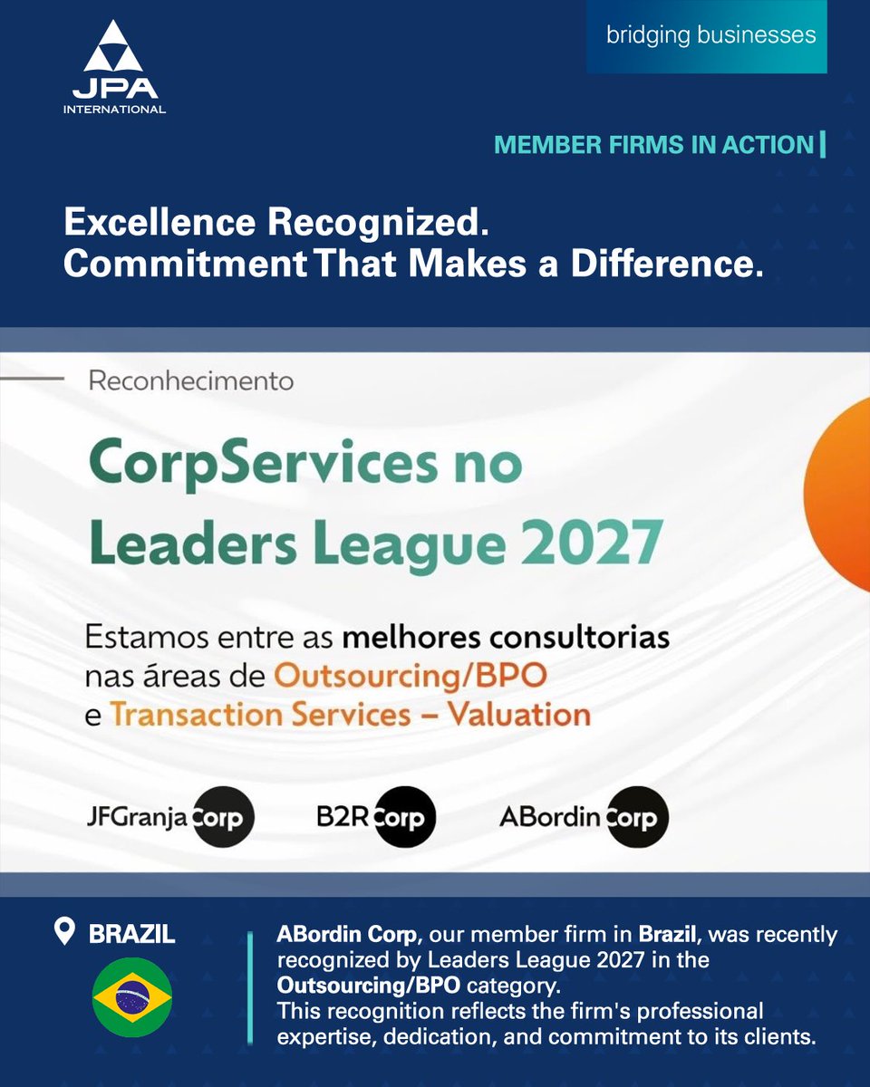 JPAglobal's tweet photo. Congratulations to ABordin Corp, our member firm in Brazil 🇧🇷, on its Leaders League 2027 recognition in the Outsourcing/BPO category.

Looking for outsourcing and BPO services in Brazil? Contact +55 11 3526-7000.

#JPAInternational #MembersInAction #BPO https://t.co/i7ZLf2oB3t