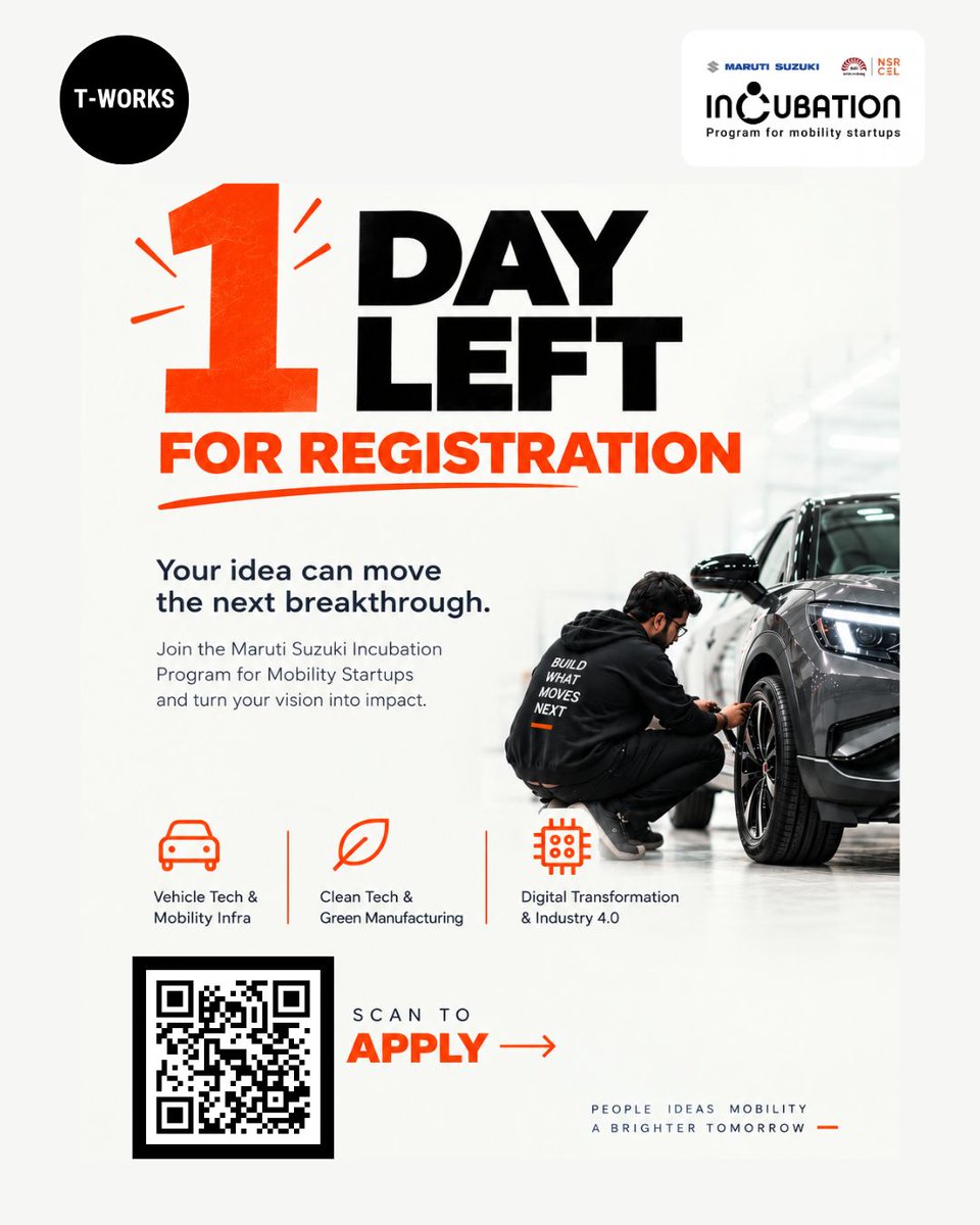 TWorksHyd's tweet photo. Applications close tomorrow. Is your solution in?

The Maruti Suzuki Incubation Program for Mobility Startups by NSRCEL (Cohort 7) is open to early-revenue to scale-up startups. Pitch to Maruti Suzuki Innovation and explore a potential paid PoC.

Outreach Partner: T-Works

⏳ 1 day left. Apply by 23 October 2026.
🎤 Shortlisted startups pitch in person at T-Works on 28 October 2026.  
👉 Apply now: https://t.co/QtVqXwLmaN

Know a founder building in mobility? Tag them below. 👇 

@Min_SridharBabu @AnveshReddy_TG @DigitalMediaTG @TGRising2047 @CPRO_TGCM @jogitanikella @InnovationByMS @Maruti_Corp