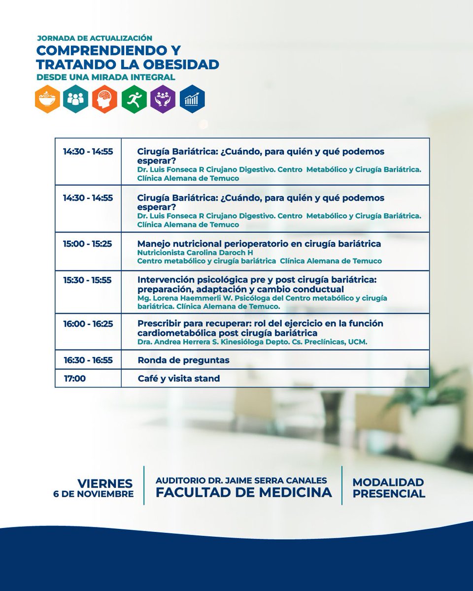 medintufro's tweet photo. La obesidad requiere un abordaje integral e interdisciplinario. 🩺
El Dpto. de Medicina Interna @UFRO te invita a su Jornada de Actualización: diagnósticos, farmacoterapia, terapia conductual y cirugía bariátrica. https://t.co/vpApDgr9u2