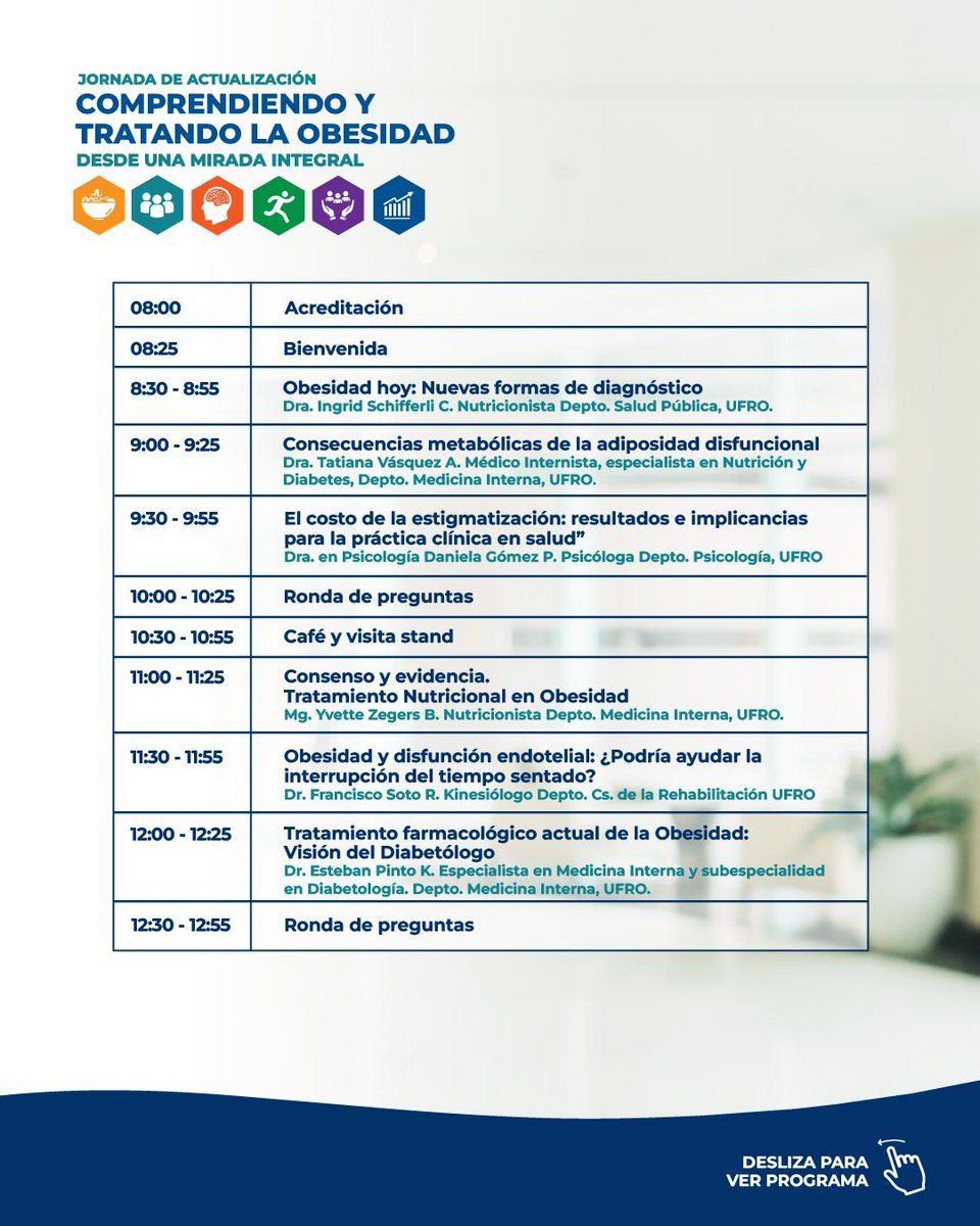 medintufro's tweet photo. La obesidad requiere un abordaje integral e interdisciplinario. 🩺
El Dpto. de Medicina Interna @UFRO te invita a su Jornada de Actualización: diagnósticos, farmacoterapia, terapia conductual y cirugía bariátrica. https://t.co/vpApDgr9u2