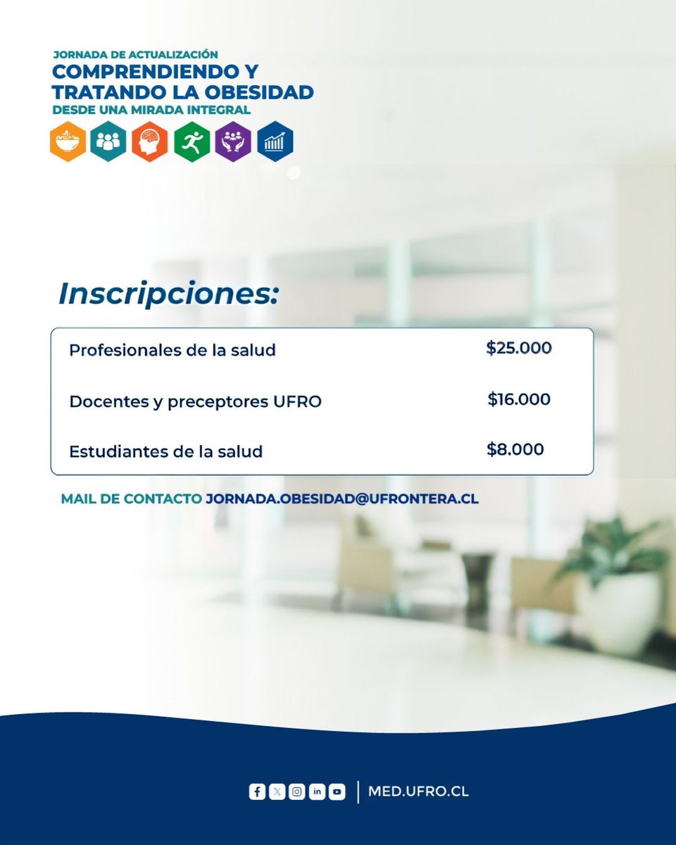 medintufro's tweet photo. La obesidad requiere un abordaje integral e interdisciplinario. 🩺
El Dpto. de Medicina Interna @UFRO te invita a su Jornada de Actualización: diagnósticos, farmacoterapia, terapia conductual y cirugía bariátrica. https://t.co/vpApDgr9u2