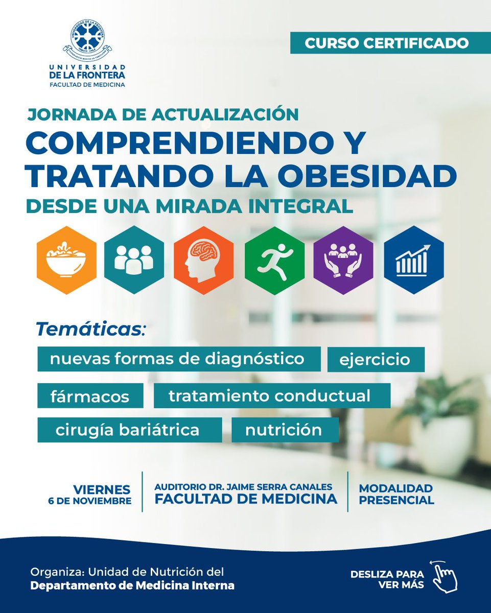medintufro's tweet photo. La obesidad requiere un abordaje integral e interdisciplinario. 🩺
El Dpto. de Medicina Interna @UFRO te invita a su Jornada de Actualización: diagnósticos, farmacoterapia, terapia conductual y cirugía bariátrica. https://t.co/vpApDgr9u2