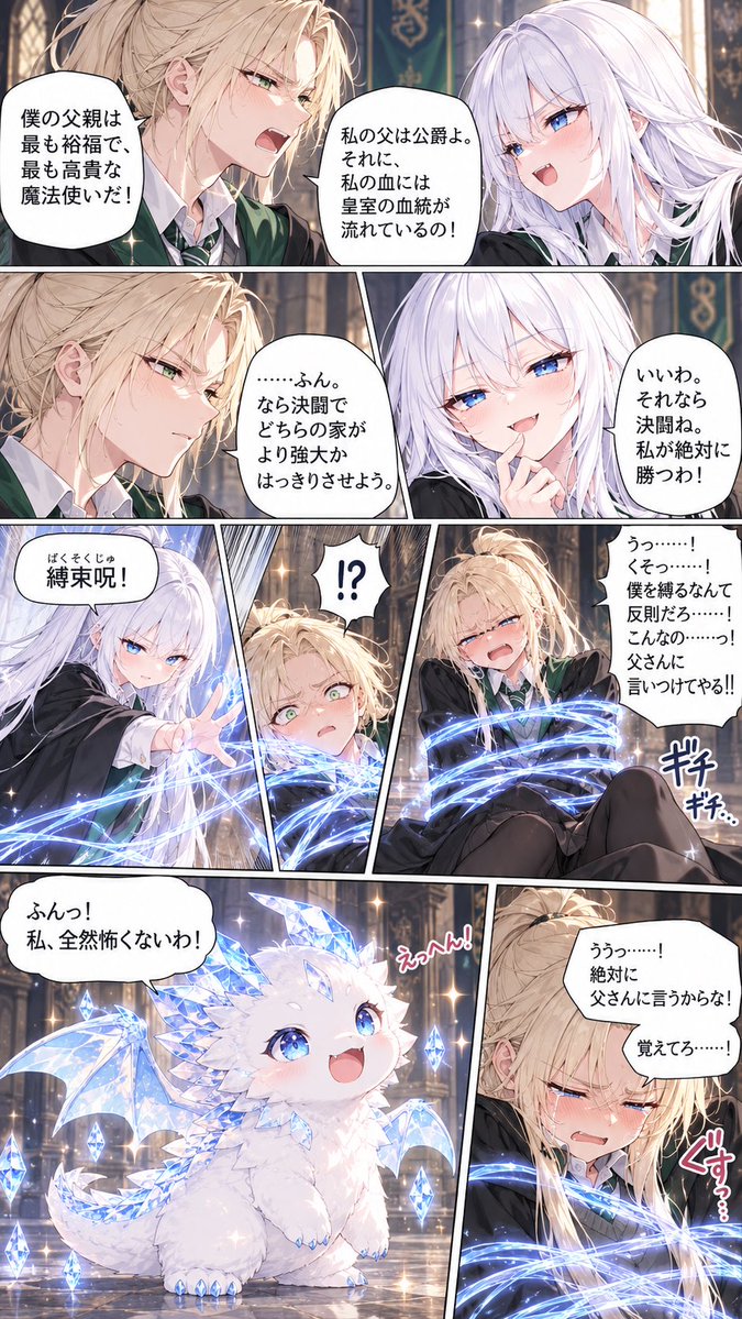 Sylvia8964's tweet photo. 「僕の父さんが一番すごい！」
「いいえ、私のお父様のほうがすごいわ！」

父親自慢から始まった名門貴族同士の決闘。

負けたドラコの最後の切り札は……
「お前の父さんに言いつけてやる！」

さっきまで得意げだった小さなドラゴンが、一瞬で大パニックに？

結局、二人ともただのパパっ子でした。 https://t.co/N20T2xeFuN