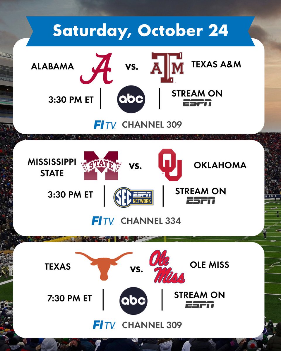 EPB_Chattanooga's tweet photo. Week 8 of College Football is here! We’ve got this week’s matchups, kickoff times, and where to watch or stream them all in one place. 

Please note: Game times, networks and streaming availability are subject to change, including last-minute schedule changes. https://t.co/RFZVGICjM4
